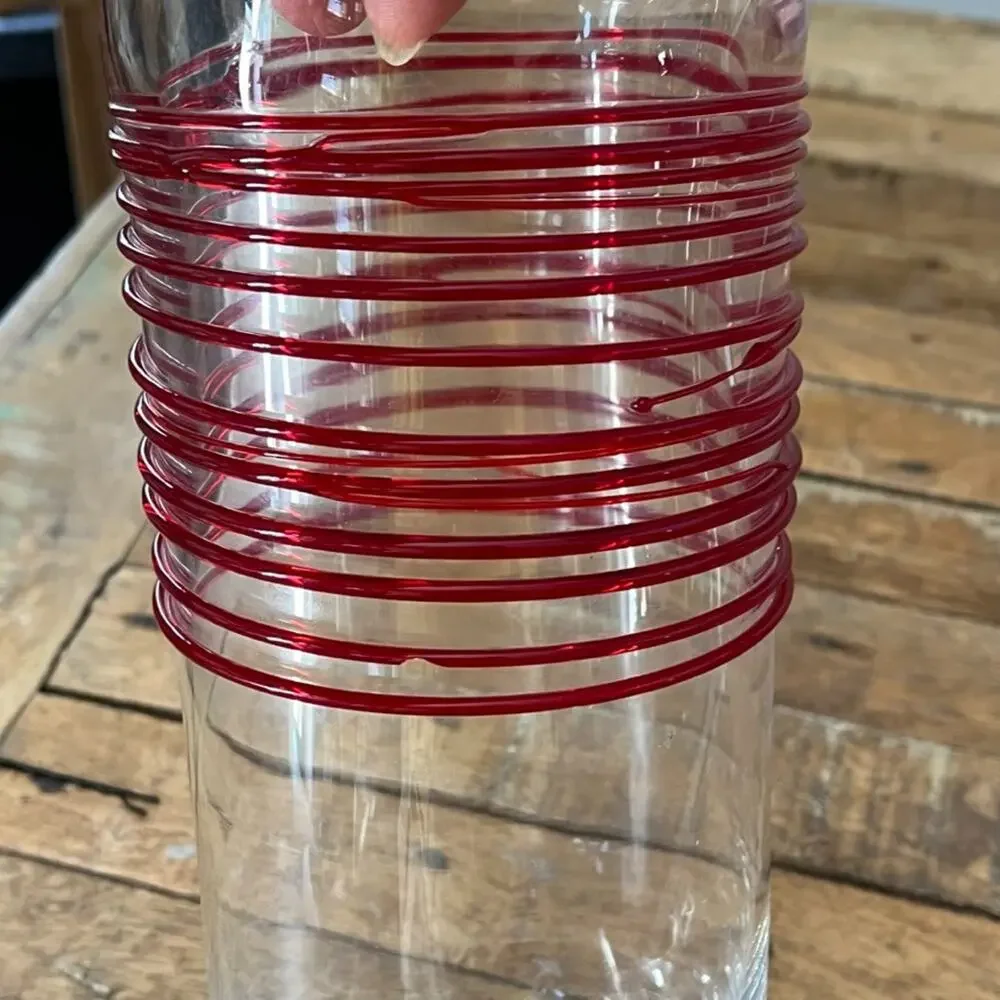 Vintage Pier 1 Imports Red Swirline Blown Glass Cylinder Art Vase 10
